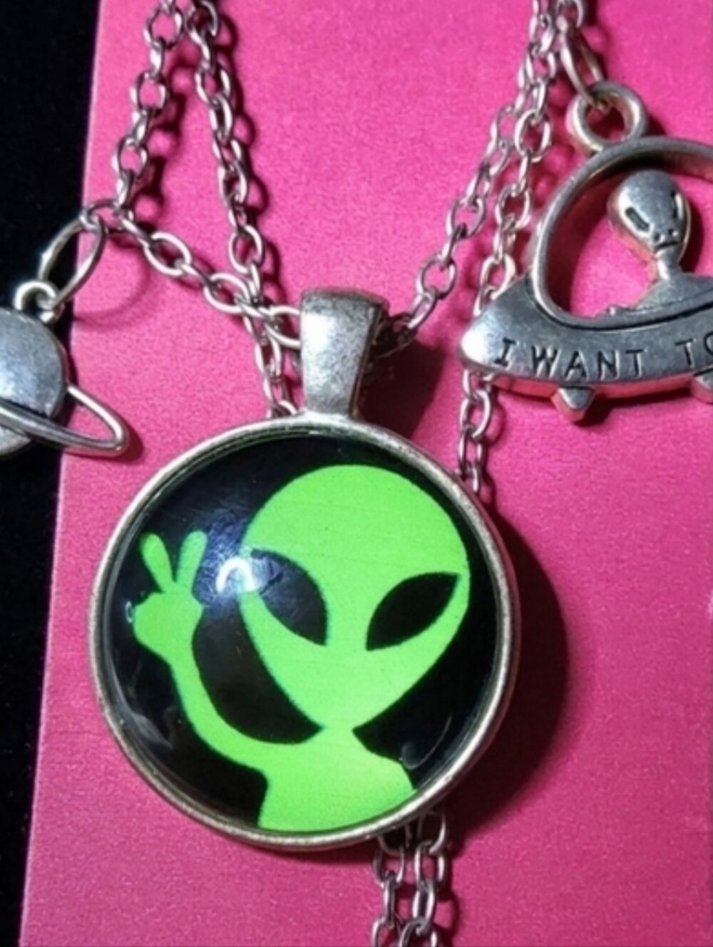 Y2K Alien Pendant Necklace w/ Planet & UFO Charms Silver Tone 90s Style Sci-Fi - Picture 2 of 9